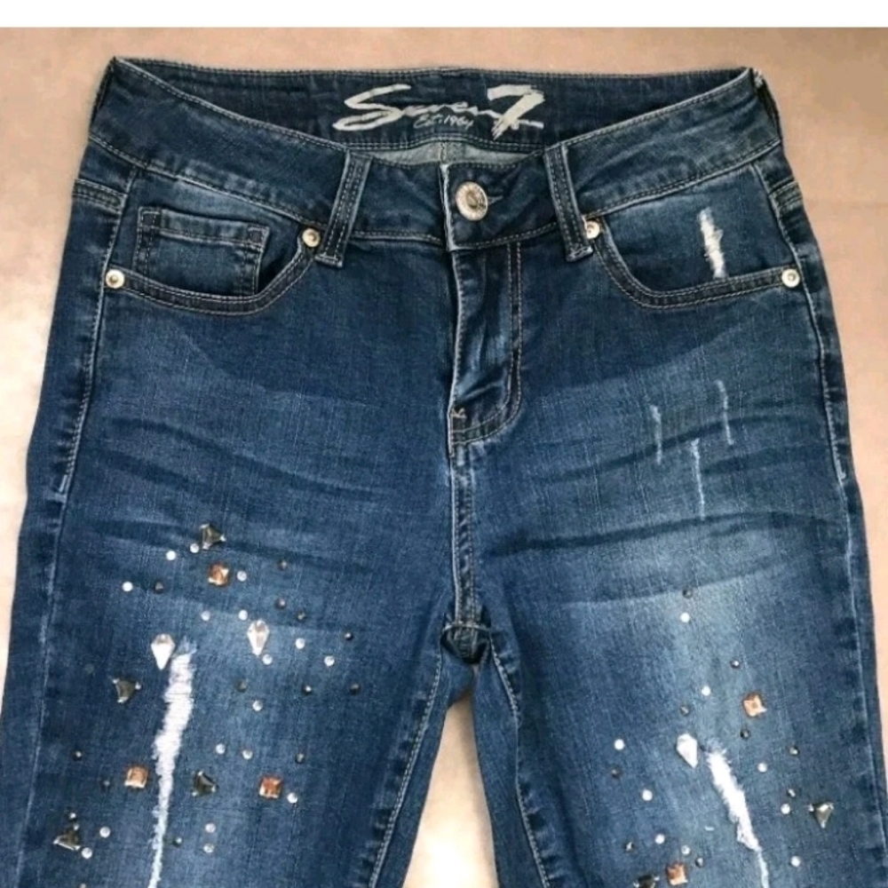 Seven7 For All Mankind Bedazzled Distressed Skinny Ankle Jeans Women’s Sz 8 Deni
